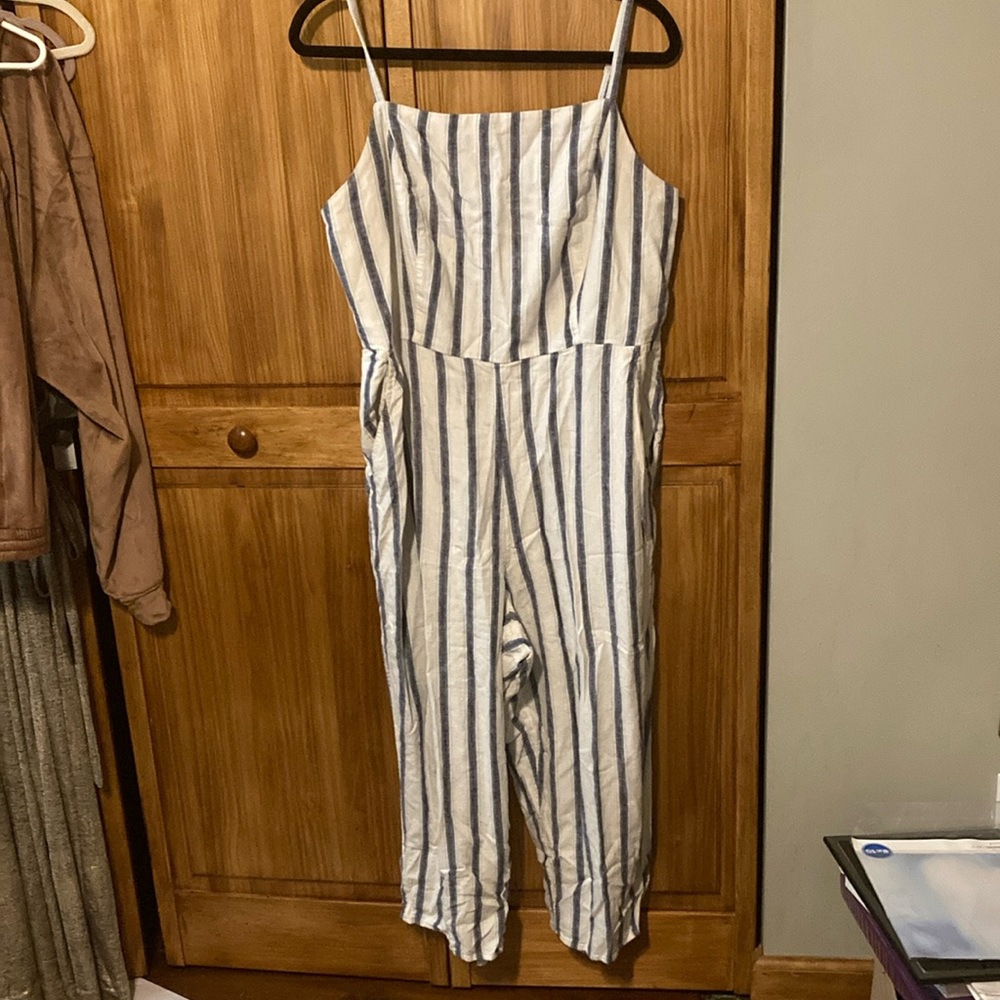 Old Navy White Blue Stripe Linen Blend Jumpsuit Size XLarge